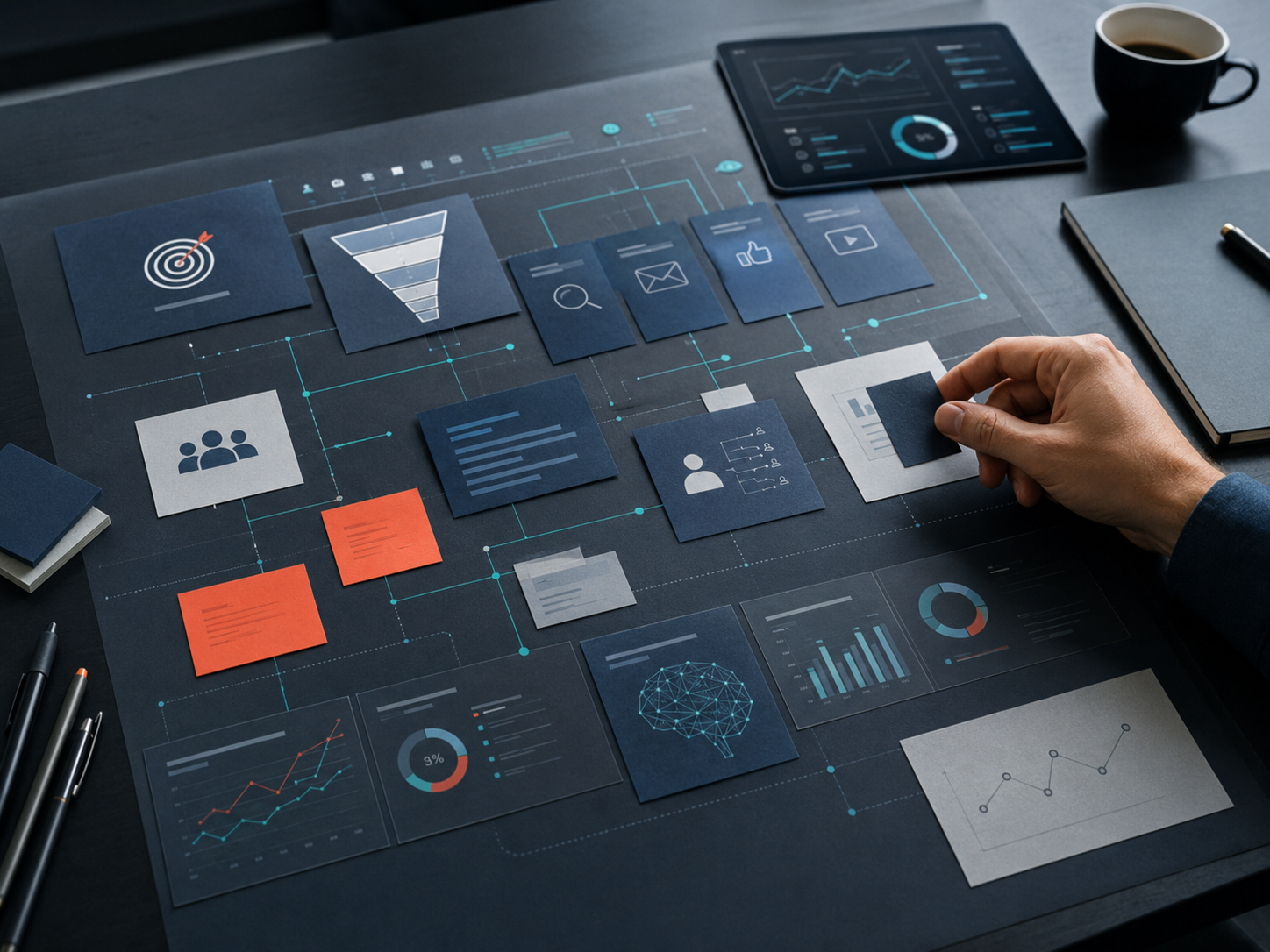 Tablero estratégico con embudo de conversión, dashboards y flujo de campañas